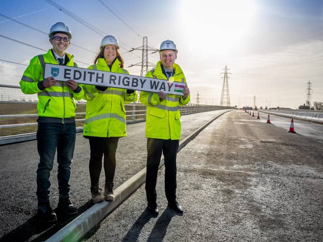 (Pictured L-R) LCC Cabinet Member for Economic Development and Growth Aidy Rigott: Nicola Elsworth, Head of Planning and Enabling at Homes England and Leader of Preston City Council, Councillor Matthew Brown (Credit: Martin Bostock Photography)
