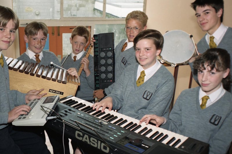 Young musicians from Walton-le-Dale High School, near Preston have recorded a video to help show schoolchildren how to compose music. Pictured are, from left: Ian Hewitt, 13; Andrew Bayes, 12; John Sumner, 12; Paul Bird, 12; Clare Higgins, 13; Gavin Deadman, 13 and Alison Clark, 12