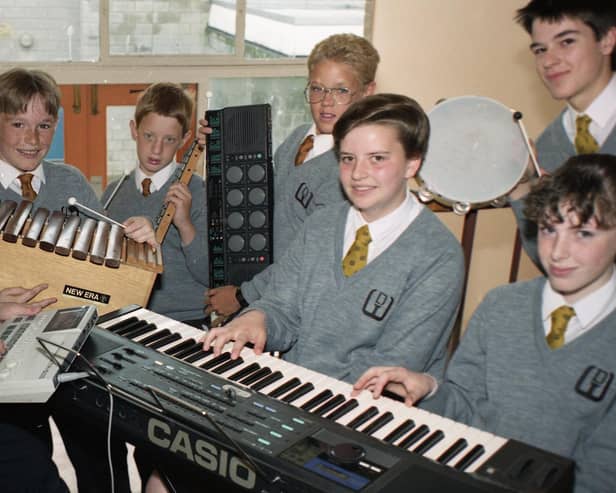 Young musicians from Walton-le-Dale High School, near Preston have recorded a video to help show schoolchildren how to compose music. Pictured are, from left: Ian Hewitt, 13; Andrew Bayes, 12; John Sumner, 12; Paul Bird, 12; Clare Higgins, 13; Gavin Deadman, 13 and Alison Clark, 12