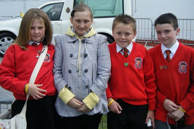 Pupils at St Bernard's Catholic Primary School, in Preston, went to the Big Assembly, in Twickenham, where the Pope appeared. Pictured are pupils Chloe, Laura, Joseph and Joe