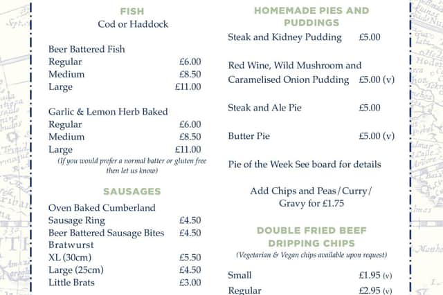 The new menu at Umberto's in Watery Lane, Ashton where a large fish and chips cost nearly £15