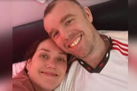 Blackpool stag do attack victim Lee Burns home from hospital with his fiance Sara Ann Smith.