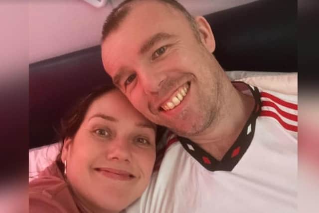 Blackpool stag do attack victim Lee Burns home from hospital with his fiance Sara Ann Smith.