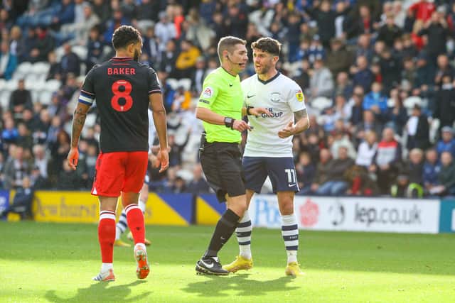 Preston North End's Robbie Brady appeals to referee Matthew Donohue for a penalty.