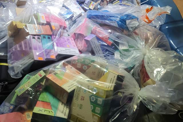 The illicit haul – worth around £7,000 if sold as genuine – included counterfeit cigarettes and hand rolling tobacco and illegal vapes