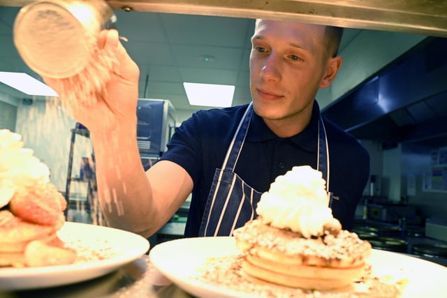 BLACKPOOL/LANCASHIRE POST - 18-02-23 - Staff at the Pancake Hut, Ribby Hall Village, Wrea Green, are ready for pancake day, shrove Tuesday.  Head chef Josh Lynch.