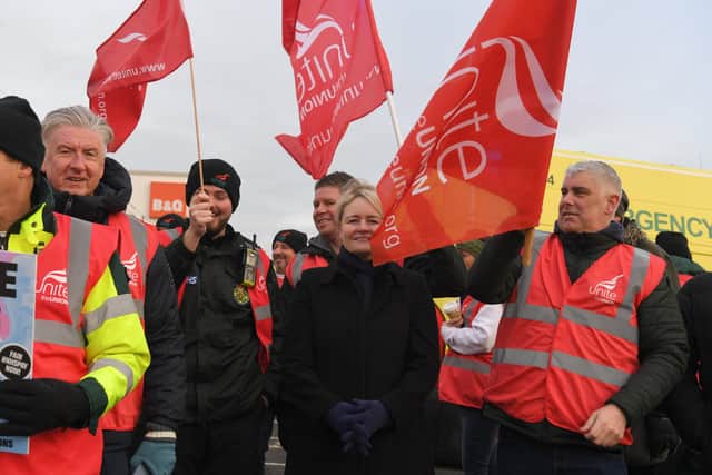 Unite leader Sharon Graham stands with ambulance workers in Chorley