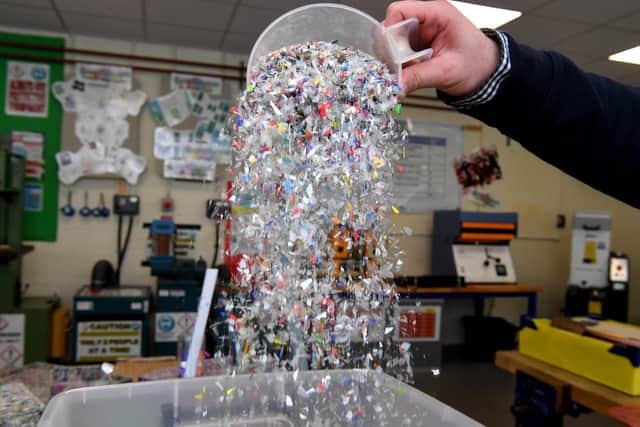 The RS 25 Shredder turns plastic waste into thousands of shards of multi-colour plastic pieces.