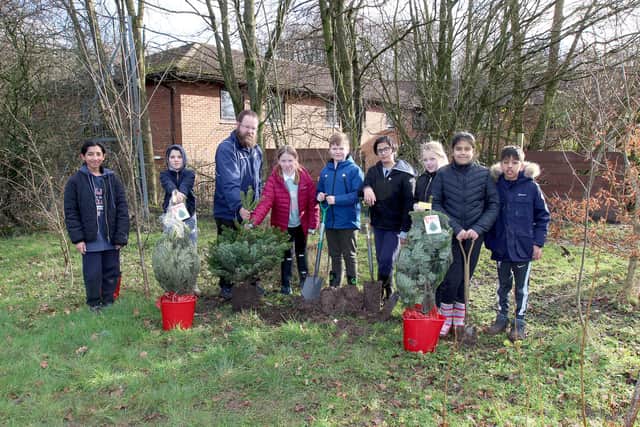 Year 5 pupils at Sherwood Primary School planting the donated trees with Michael Stanton, Year 5 teacher and Forest School Leader. Image: Camera-Shy photography