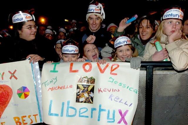 Liberty X fans at the Christmas lights switch on at Preston Flag Market