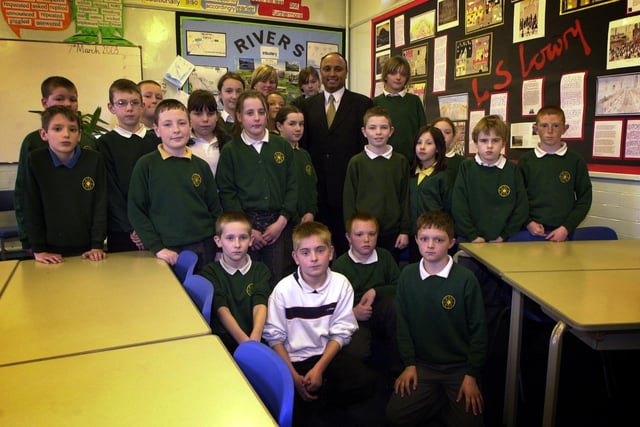 Politician Mark Hendrick MP with pupils at a question and answer session at Greenlands School, Ribbleton, Preston
