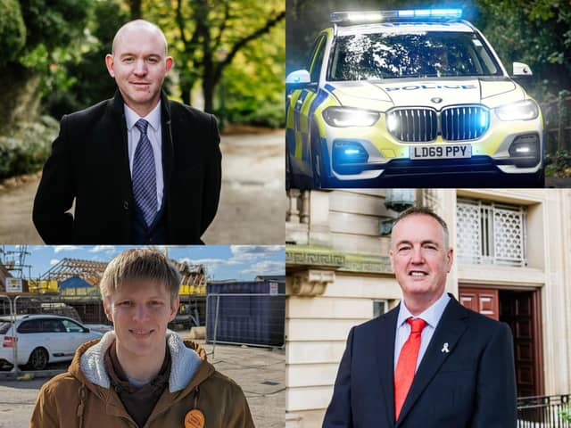 The three candidates for Lancashire Police and Crime Commissioner on 2nd May [anticlockwise from top left]:  Andrew Snowden (Conservative), Neil Darby (Liberal Democrats) and Clive Grunshaw (Labour)