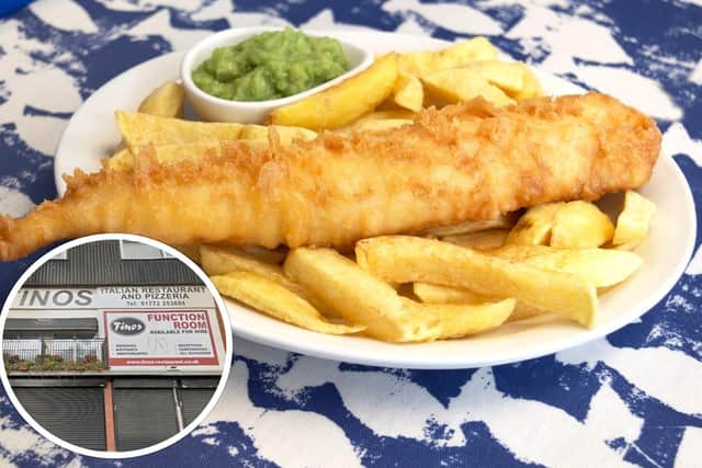 Fish and chips will be the main item of the menu of the former Tinos Italian restaurant on Hill Street (images: Pixaby and Google (inset)]