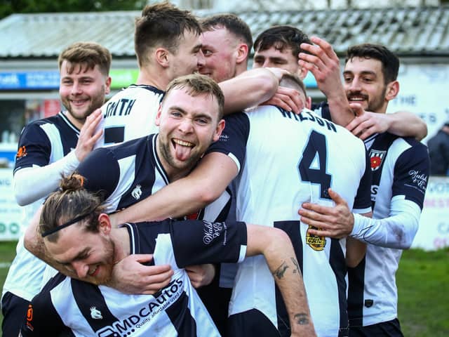 Jon Ustabasi, far right, scored a dramatic late winner for Chorley (photo: Stefan Willoughby)