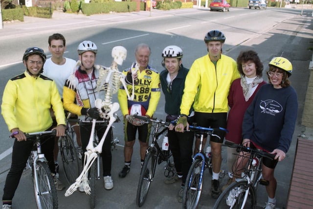 Doctors Andre Acebo, Gareth Jones and Jeff Schurr, and patients John McMenemy, Peter Cunliffe, David Thomas, Gillian Buck and Meriel Nutter, not forgetting Mr Bones, prepare to leave the Preston Health Surgery at Walton-le-Dale, as they took to the roads to support the cause of chiropractic care for back problems on the National Health Service