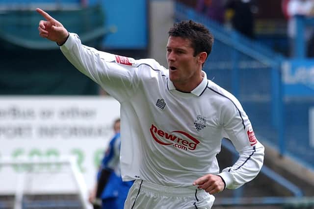 David Nugent celebrates scoring in the play-offs against Derby County at Deepdale.