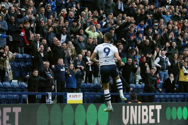 Preston North End's Ched Evans celebrates scoring his side's equalising goal to make the score 2-2 against Millwall