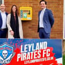 (Left to right) Mark Burke, chairman of Leyland Pirates FC, Kirsty Coleman from Fletchers Solicitors, and Mr A Hammersley, Worden High's headteacher, with the newly installed defibrillator.