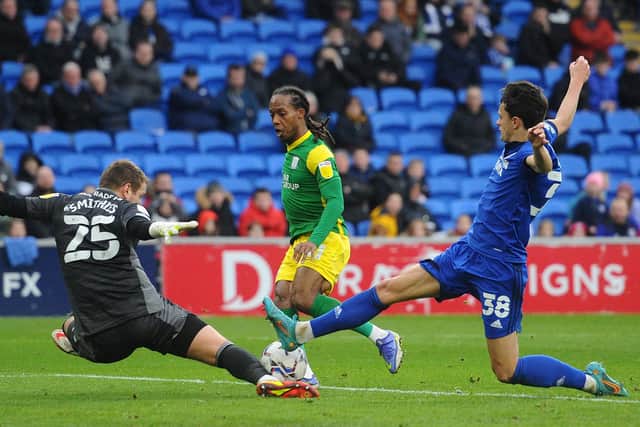 Preston North End midfielder Daniel Johnson sees a shot saved by Cardiff City goalkeeper Alex Smithies