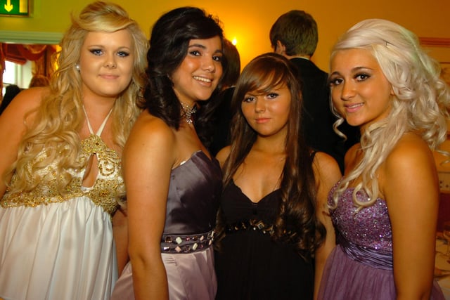 Ella Perry, Fay Griffiths, Samantha Croston, and Ruby Taylor, looking fabulous for Penwortham Girls High School prom night at Farington Lodge in 2010