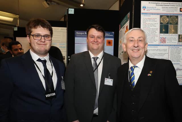 UCLan PhD students Daniel Gass (left) and Daniel Johnson attended the STEM for Britain finals, where they met the Rt Hon Sir Lindsay Hoyle, MP for Chorley, Speaker of the House of Commons and UCLan Honorary Fellow.
