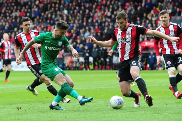 Preston North End's Sean Maguire gets a shot in at goal under pressure from Sheffield United's Jack O'Connell