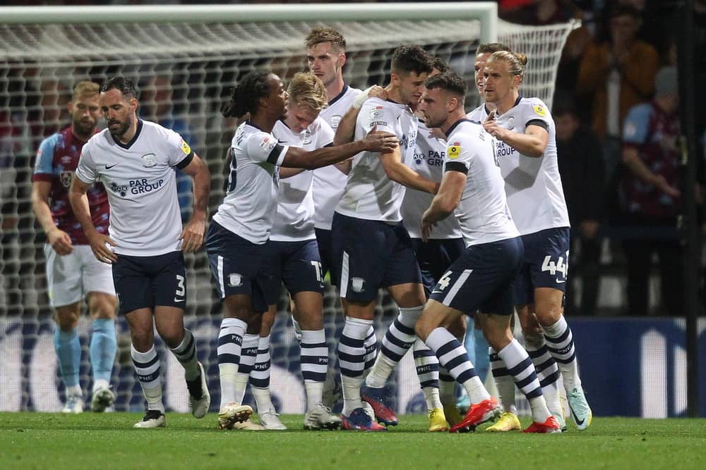 PNE's players celebrate scoring against Burnley.