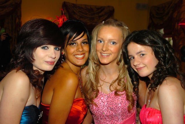 Sarah Greenwood, Natalie Mopperhall, Vicky Wilcock, and Emma Richards line up for the 2010 Penwortham Girls High School prom night at Farington Lodge