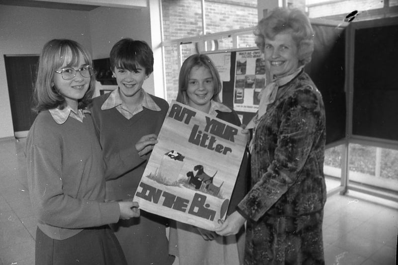 Mayor of Penwortham, Coun Dorothy Marsden, pictured with three pupils from Penwortham Priory High School, who won in a recent litter campaign poster competition, Rebecca Brownjohn (far left) with her poster, and the runners-up, Michelle Forrest (centre) and Linda Jackson