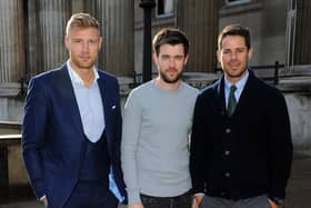 Freddie Flintoff, Jack Whitehall and Jamie Redknapp arrive for the screening of 'A League Of Their Own US Road Trip' at British Museum in April 2016.  (Photo by Eamonn M. McCormack/Getty Images)