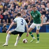 DUBLIN, IRELAND - JUNE 11: Alan Browne of Republic of Ireland controls the ball whilst under pressure from Ryan Christie of Scotland during the UEFA Nations League League B Group 1 match between Republic of Ireland and Scotland at Aviva Stadium on June 11, 2022 in Dublin, Ireland. (Photo by Charles McQuillan/Getty Images)