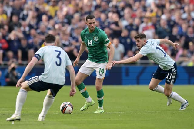 DUBLIN, IRELAND - JUNE 11: Alan Browne of Republic of Ireland controls the ball whilst under pressure from Ryan Christie of Scotland during the UEFA Nations League League B Group 1 match between Republic of Ireland and Scotland at Aviva Stadium on June 11, 2022 in Dublin, Ireland. (Photo by Charles McQuillan/Getty Images)