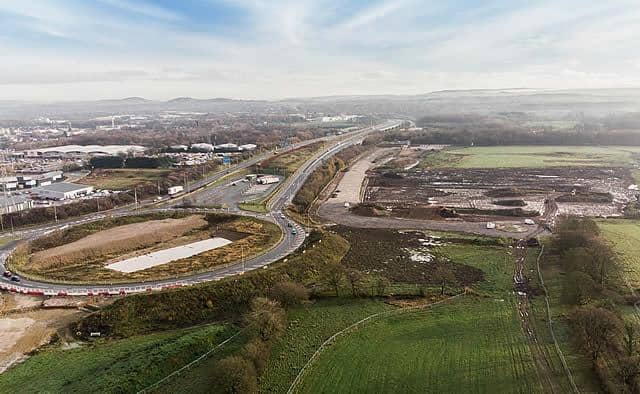 Part of the 65-hectare site earmarked for development at Cuerden will be accessed from the M65 terminus roundabout (image: Lancashire County Council)