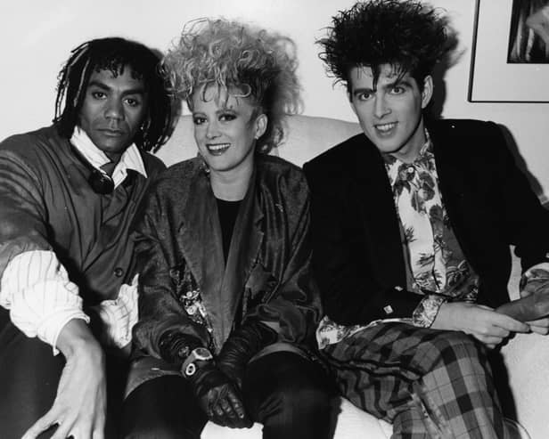 Portrait of music group 'Thompson Twins', (L-R) Joe Leeway, Alannah Currie and Tom Bailey, June 25th 1985. Photo: Dave Hogan/Getty Images