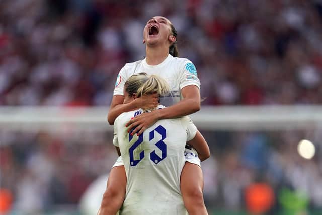 England's Ella Toone celebrates with Alessia Russo following victory over Germany in the UEFA Women's Euro 2022 final at Wembley Stadium, London. Picture date: Sunday July 31, 2022