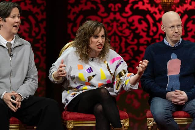 Comedian and actor Isy Suttie (centre) gets to grips with Taskmaster flanked by Chloe Petts (left) and Matt Lucas (Picture: Avalon Television Ltd/Channel 4)