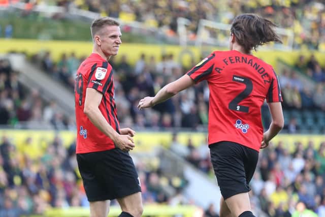 Preston North End's Emil Riis celebrates scoring his side's first goal with Alvaro Fernandez.