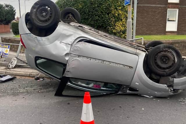 The car overturned at the junction of Blackpool Road and Lea Road in Lea, Preston on Thursday (July 28)