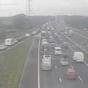 Two lanes are closed with miles of queuing traffic due to a vehicle fire on the M6 Northbound from J33 (A6, Lancaster South / Garstang) to J34 (Bay Gateway, Lancaster).