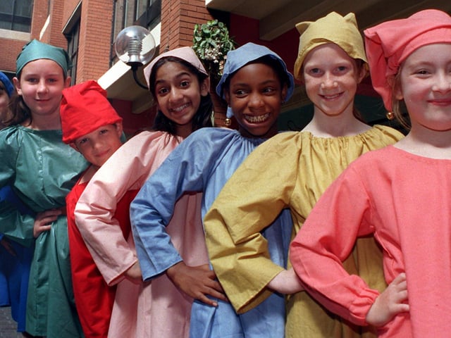 Pupils from Fulwood and Cadley (left to right) Lisa Hawarden, 11, Nicola Geldard, 11, Carl Hawarden, eight, Davina Manick, 11, Alicia Harris, 11, Kayleigh Lathom, 10, Charlotte Adams, eight, in costume and ready for the Preston School Music Festival in 1998