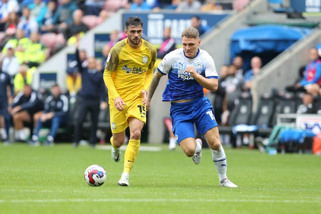 Preston North End's Troy Parrott battles with Wigan Athletic's Jason Kerr during Preston's 0-0 draw at the DW Stadium on the opening day of the season.