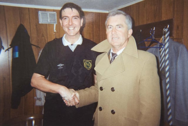 Former football referee John Atkinson
Chorley v Hyde United Northern premier Feb 5th 1994
Pictured with Alan Robinson