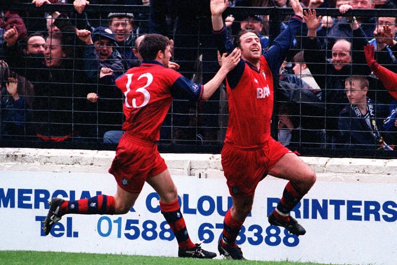 Shrewsbury Town V Preston North End, Sean Gregan (right) celebrates Preston's first goal with Michael Holt