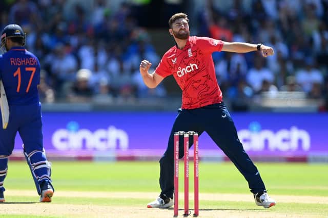 ichard Gleeson of England celebrates taking the wicket of Rishabh Pant of India during the 2nd Vitality IT20 between England and India at Edgbaston on July 09, 2022 in Birmingham, England. (Photo by Stu Forster/Getty Images)