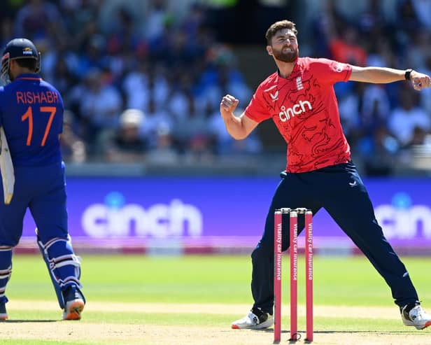 ichard Gleeson of England celebrates taking the wicket of Rishabh Pant of India during the 2nd Vitality IT20 between England and India at Edgbaston on July 09, 2022 in Birmingham, England. (Photo by Stu Forster/Getty Images)