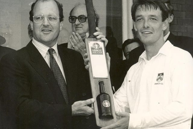 Chorley Cricket Club’s Roland Horridge is shown receiving the Abbot Ale trophy on the balcony at Lord’s back in August 1994.
