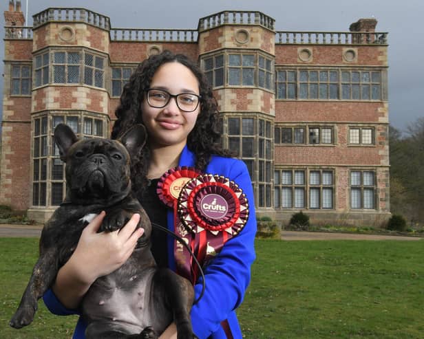 Tamia Cardoza, 12, from Chorley with her French Bull dog Lila who came first in their class at Crufts