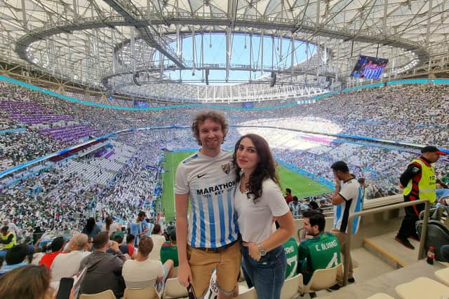 Colin Shapley with his fiancée Londa Managadze at the World Cup match bewteen Argentina and Saudi Arabia.