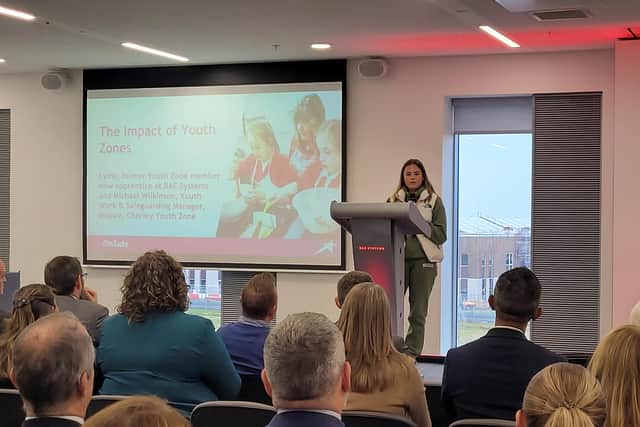 BAE Systems apprentice Lydia Wright tells the audience at the Founder Patron event for the Preston Youth Zone how she was helped by the facility in Chorley
