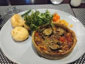 Mediterranean vegan tartlet, which comes with Sunday roast trimmings and the choice of being topped with brie, served at The Lawrence in Padiham.
